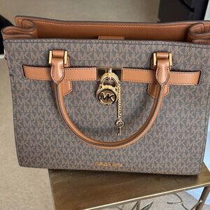 Michael Kors Brown/Tan MK Logo Satchel with Gold Accent